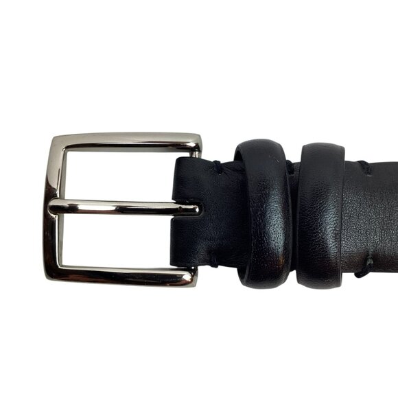 Black Soft Leather Belt With Silver Buckle Men Size 52 Sleek Adjustable - Picture 2 of 9